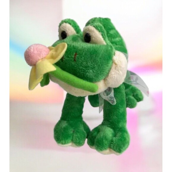Fine Toy Frog Plush Stuffed Animal Green Holding Pink Yellow Flower Sheer Bow - Picture 1 of 15